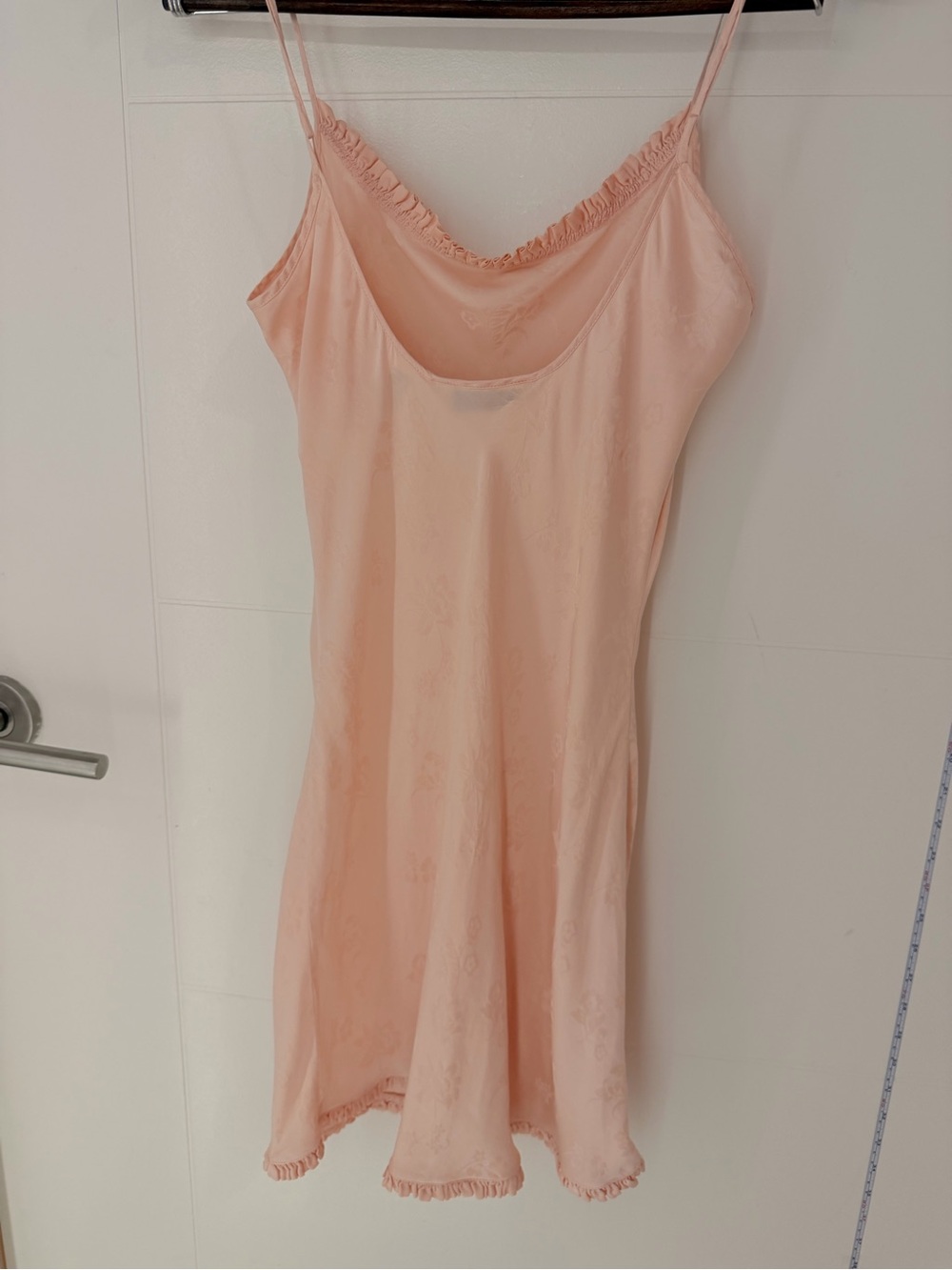 100% Silk Light Peach Pink Women’s Satin Cami with Ruffle Trim Night Gown Dress - Picture 2 of 8
